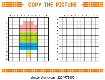 Copy the picture, complete the grid image. Educational worksheets drawing with squares, coloring cell areas. Preschool activities, children's games. Cartoon vector illustration, pixel art. Ice cream.