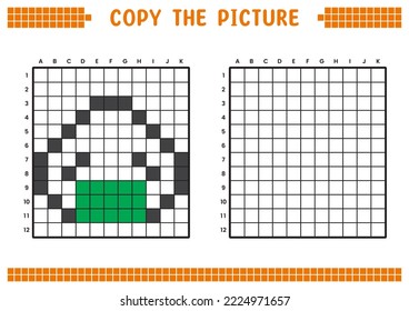 Copy the picture, complete the grid image. Educational worksheets drawing with squares, coloring cell areas. Preschool activities, children's games. Cartoon vector illustration, pixel art. Onigiri.