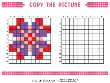 Copy the picture, complete the grid image. Educational worksheets drawing with squares, coloring areas. Preschool activities, children's games. Vector illustration, pixel art. Purple pink red flower.