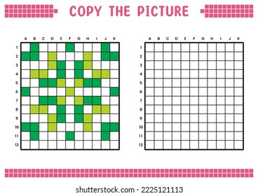 Kopieren Sie das Bild, vervollständigen Sie das Rasterbild. Bildungs-Arbeitsblätter zeichnen mit Quadraten, Farbräumen. Aktivitäten im Vorfeld, Kinderspiele. Vektorgrafik, Pixelkunst. Grüne abstrakte Blume.