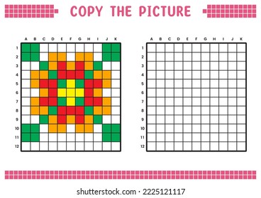 Copy the picture, complete the grid image. Educational worksheets drawing with squares, coloring cell areas. Preschool activities, children's games. Vector illustration, pixel art. Colorful flower.