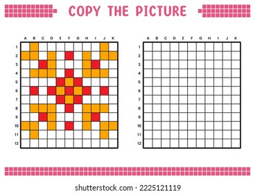 Copy the picture, complete the grid image. Educational worksheets drawing with squares, coloring areas. Preschool activities, children's games. Vector illustration, pixel art. Orange red flower.