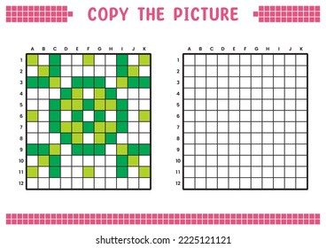 Copy the picture, complete the grid image. Educational worksheets drawing with squares, coloring areas. Preschool activities, children's games. Vector illustration, pixel art. Abstract green flower.