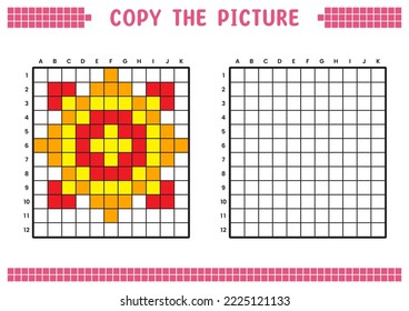 Copy the picture, complete the grid image. Educational worksheets drawing with squares, coloring cell areas. Preschool activities, children's games. Vector illustration, pixel art. Colorful flower.