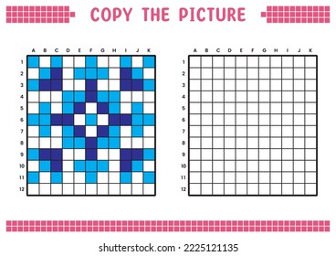 Copia la imagen, completa la imagen de la cuadrícula. Hojas de trabajo educativas dibujando con cuadrados, áreas de color. Actividades preescolares, juegos infantiles. Ilustración vectorial, arte píxel. Copo de nieve de cristal azul.