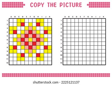 Copy the picture, complete the grid image. Educational worksheets drawing with squares, coloring cell areas. Preschool activities, children's games. Vector illustration, pixel art. Abstract flower.