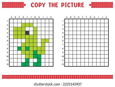 Copy the picture, complete the grid image. Educational worksheets drawing with squares. Preschool coloring activities, children's games. Pixel cartoon, vector illustration. Dinosaur, Tyrannosaurus.