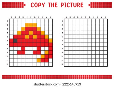 Copy the picture, complete the grid image. Educational worksheets drawing with squares. Preschool coloring activities, children's games. Pixel cartoon, vector illustration. Dinosaur, Ankylosaurus.