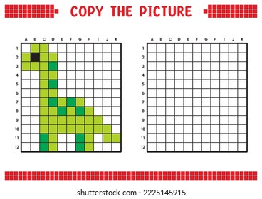 Copy the picture, complete the grid image. Educational worksheets drawing with squares. Preschool coloring activities, children's games. Pixel cartoon, vector illustration. Dinosaur, Brontosaurus.