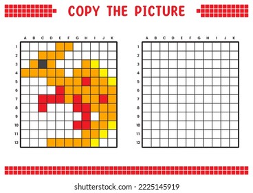 Copy the picture, complete the grid image. Educational worksheets drawing with squares. Preschool coloring activities, children's games. Pixel cartoon, vector illustration. Dinosaur, Parasaurolophus.