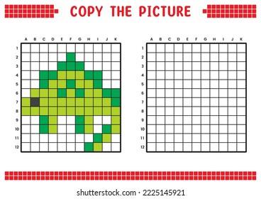 Copy the picture, complete the grid image. Educational worksheets drawing with squares. Preschool coloring activities, children's games. Pixel cartoon, vector illustration. Dinosaur, Stegosaurus.