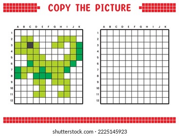 Copy the picture, complete the grid image. Educational worksheets drawing with squares. Preschool coloring activities, children's games. Pixel cartoon, vector illustration. Dinosaur, Velociraptor.