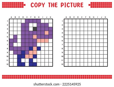 Copy the picture, complete the grid image. Educational worksheets drawing with squares. Preschool coloring activities, children's games. Pixel cartoon, vector illustration. Cute purple dinosaur.