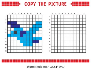 Copy the picture, complete the grid image. Educational worksheets drawing with squares. Preschool coloring activities, children's games. Pixel cartoon, vector illustration. Dinosaur, Blue Pterodactyl.