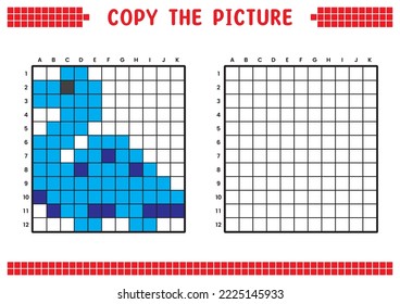 Copy the picture, complete the grid image. Educational worksheets drawing with squares. Preschool coloring activities, children's games. Pixel cartoon, vector illustration. Dinosaur, Elasmosaurus.