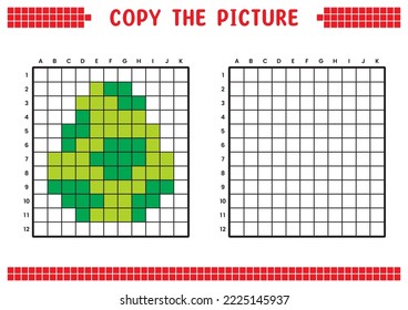 Copy the picture, complete the grid image. Educational worksheets drawing with squares. Preschool coloring activities, children's games. Pixel cartoon, vector illustration. Dinosaur eggs.