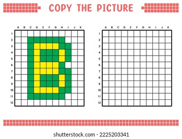 Kopieren Sie das Bild, vervollständigen Sie das Rasterbild. Bildungs-Arbeitsblätter zeichnen mit Quadraten, färben Zellbereiche. Aktivitäten im Vorfeld, Kinderspiele. Cartoon, Vektorgrafik, Pixelkunst. Buchstabe B.