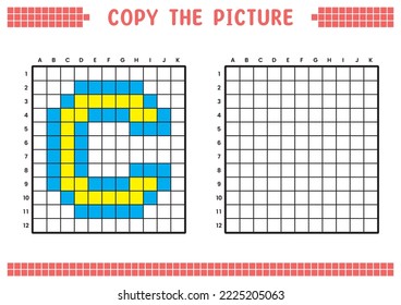 Copy the picture, complete the grid image. Educational worksheets drawing with squares, coloring cell areas. Preschool activities, children's games. Cartoon vector illustration, pixel art. Letter C.