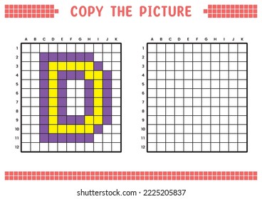 Copy the picture, complete the grid image. Educational worksheets drawing with squares, coloring cell areas. Preschool activities, children's games. Cartoon vector illustration, pixel art. Letter D.