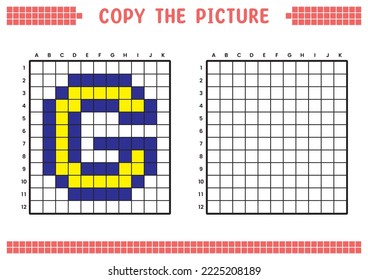 Copy the picture, complete the grid image. Educational worksheets drawing with squares, coloring cell areas. Preschool activities, children's games. Cartoon vector illustration, pixel art. Letter G.