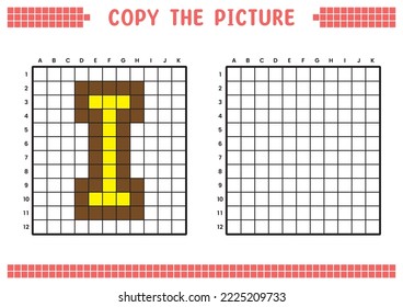 Copy the picture, complete the grid image. Educational worksheets drawing with squares, coloring cell areas. Preschool activities, children's games. Cartoon vector illustration, pixel art. Letter I.