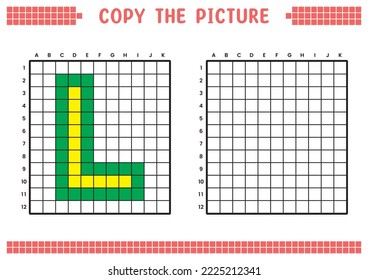 Copy the picture, complete the grid image. Educational worksheets drawing with squares, coloring cell areas. Preschool activities, children's games. Cartoon vector illustration, pixel art. Letter L.