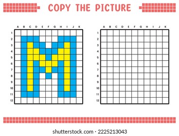 Copy the picture, complete the grid image. Educational worksheets drawing with squares, coloring cell areas. Preschool activities, children's games. Cartoon vector illustration, pixel art. Letter M.