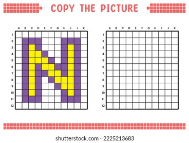 Copy the picture, complete the grid image. Educational worksheets drawing with squares, coloring cell areas. Preschool activities, children's games. Cartoon vector illustration, pixel art. Letter N.