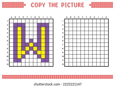Copy the picture, complete the grid image. Educational worksheets drawing with squares, coloring cell areas. Preschool activities, children's games. Cartoon vector illustration, pixel art. Letter W.