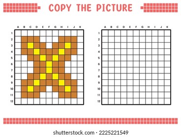 Copy the picture, complete the grid image. Educational worksheets drawing with squares, coloring cell areas. Preschool activities, children's games. Cartoon vector illustration, pixel art. Letter X.