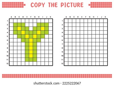 Copy the picture, complete the grid image. Educational worksheets drawing with squares, coloring cell areas. Preschool activities, children's games. Cartoon vector illustration, pixel art. Letter Y.