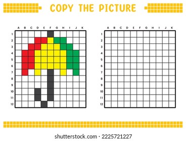 Kopieren Sie das Bild, vervollständigen Sie das Rasterbild. Bildungs-Arbeitsblätter zeichnen mit Quadraten, färben Zellbereiche. Aktivitäten im Vorfeld, Kinderspiele. Cartoon, Vektorgrafik, Pixelkunst. Regenschirm.
