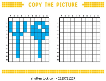 Copy the picture, complete the grid image. Educational worksheets drawing with squares, coloring areas. Preschool activities, children's games. Cartoon vector illustration, pixel art. Fork and spoon.