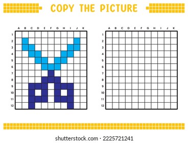 Copy the picture, complete the grid image. Educational worksheets drawing with squares, coloring areas. Preschool activities, children's games. Cartoon vector illustration, pixel art. Blue scissor.