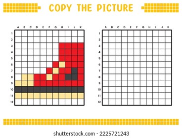 Copy the picture, complete the grid image. Educational worksheets drawing with squares, coloring cell areas. Preschool activities, children's games. Cartoon vector illustration, pixel art. Red shoe.