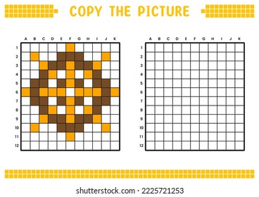 Copy the picture, complete the grid image. Educational worksheets drawing with squares, coloring areas. Preschool activities, children's games. Cartoon vector illustration, pixel art. Ships wheel.