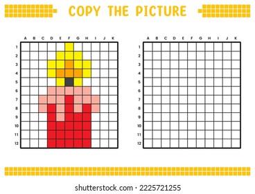 Copy the picture, complete the grid image. Educational worksheets drawing with squares, coloring areas. Preschool activities, children's games. Cartoon vector illustration, pixel art. Fire and candle.