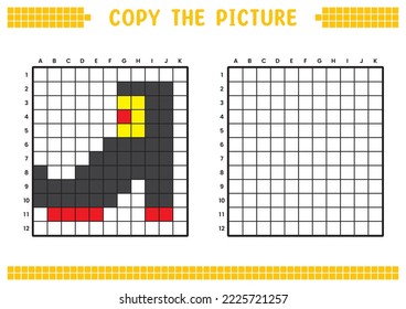 Copy the picture, complete the grid image. Educational worksheets drawing with squares, coloring areas. Preschool activities, children's games. Cartoon vector illustration, pixel art. Witch shoes.