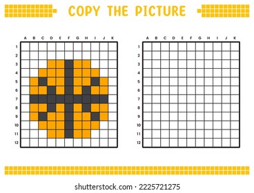 Copy the picture, complete the grid image. Educational worksheets drawing with squares, coloring cell areas. Preschool activities, children's games. Cartoon vector illustration, pixel art. Basketball.