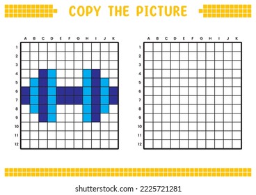 Copy the picture, complete the grid image. Educational worksheets drawing with squares, coloring areas. Preschool activities, children's games. Cartoon vector illustration, pixel art. Sports barbell.
