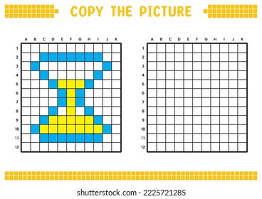 Copy the picture, complete the grid image. Educational worksheets drawing with squares, coloring cell areas. Preschool activities, children's games. Cartoon vector illustration, pixel art. Hourglass.