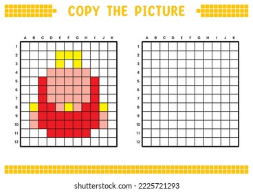 Copy the picture, complete the grid image. Educational worksheets drawing with squares, coloring cell areas. Preschool activities, children's games. Cartoon vector illustration, pixel art. School bag.