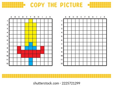 Copy the picture, complete the grid image. Educational worksheets drawing with squares, coloring areas. Preschool activities, children's games. Cartoon vector illustration, pixel art. Knight sword.