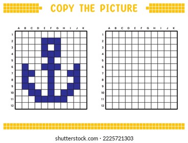 Copy the picture, complete the grid image. Educational worksheets drawing with squares, coloring areas. Preschool activities, children's games. Cartoon vector illustration, pixel art. Ship anchor.