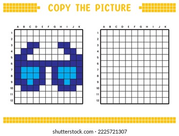 Copy the picture, complete the grid image. Educational worksheets drawing with squares, coloring areas. Preschool activities, children's games. Cartoon vector illustration, pixel art. Blue glasses.