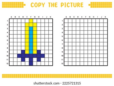 Copy the picture, complete the grid image. Educational worksheets drawing with squares, coloring cell areas. Preschool activities, children's games. Cartoon vector illustration, pixel art. Sword.