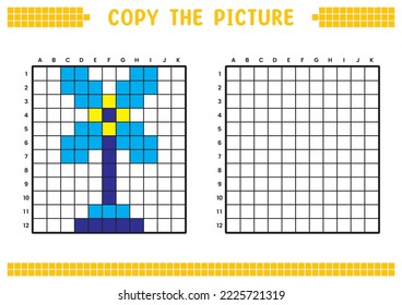Copy the picture, complete the grid image. Educational worksheets drawing with squares, coloring areas. Preschool activities, children's games. Cartoon vector illustration, pixel art. Blue windmill.