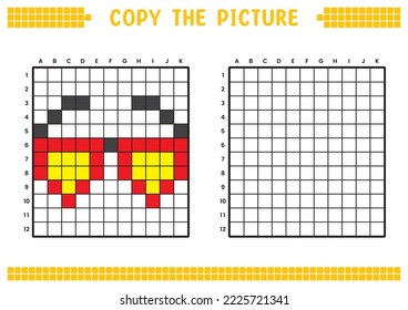 Copy the picture, complete the grid image. Educational worksheets drawing with squares, coloring areas. Preschool activities, children's games. Cartoon vector illustration, pixel art. Love glasses.