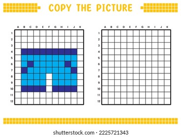 Copy the picture, complete the grid image. Educational worksheets drawing with squares, coloring cell areas. Preschool activities, children's games. Cartoon vector illustration, pixel art. Blue pants.