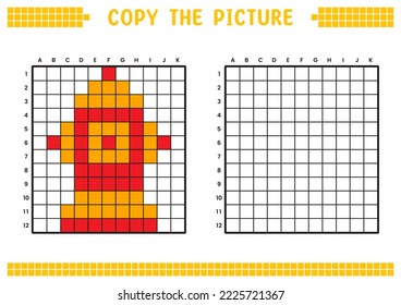 Copy the picture, complete the grid image. Educational worksheets drawing with squares, coloring cell areas. Preschool activities, children's games. Cartoon vector illustration, pixel art. Hydrant.